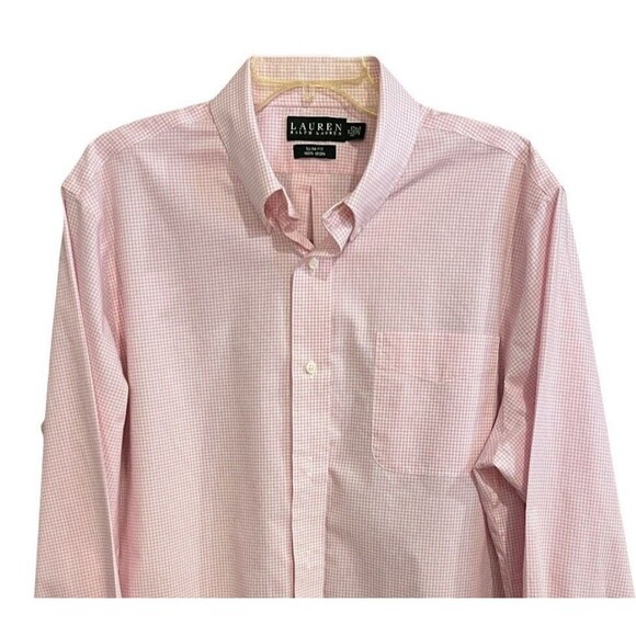 Lauren Ralph Lauren 17 34/35 Slim Fit Non Iron Checked Dress Shirt White Pink - Picture 1 of 7